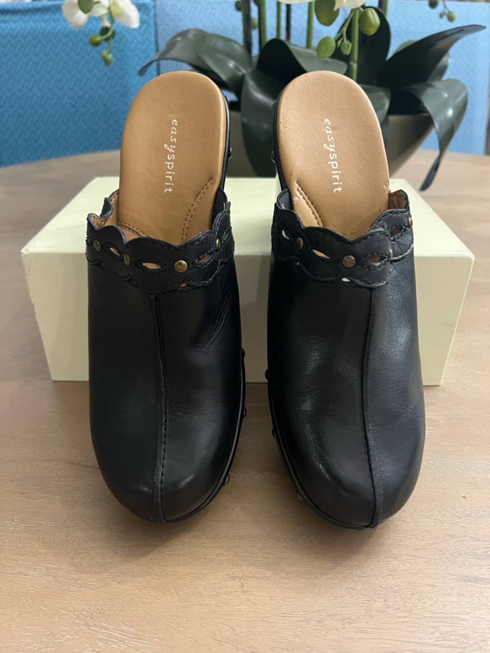 Easy Spirit Black Leather Slip-On Mules with Scalloped Trim